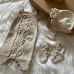 Crochet romper set baby gift beige